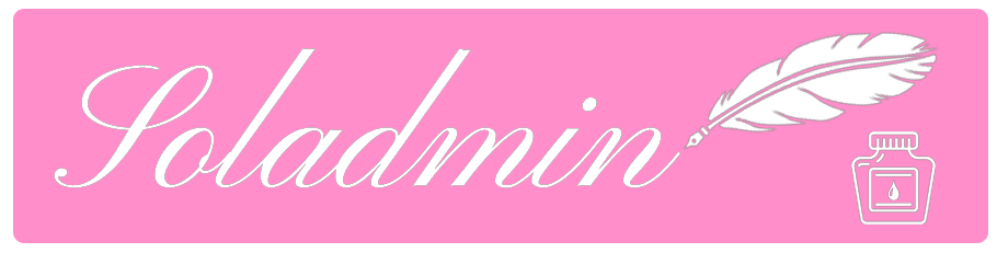 logo Soladmin SM avec une plume et un encrier sur fond rose